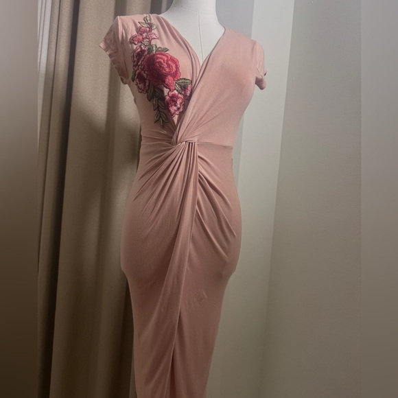 viola Dresses & Skirts - Pink Ruched Wrap Midi Dress with Plunge Neckline